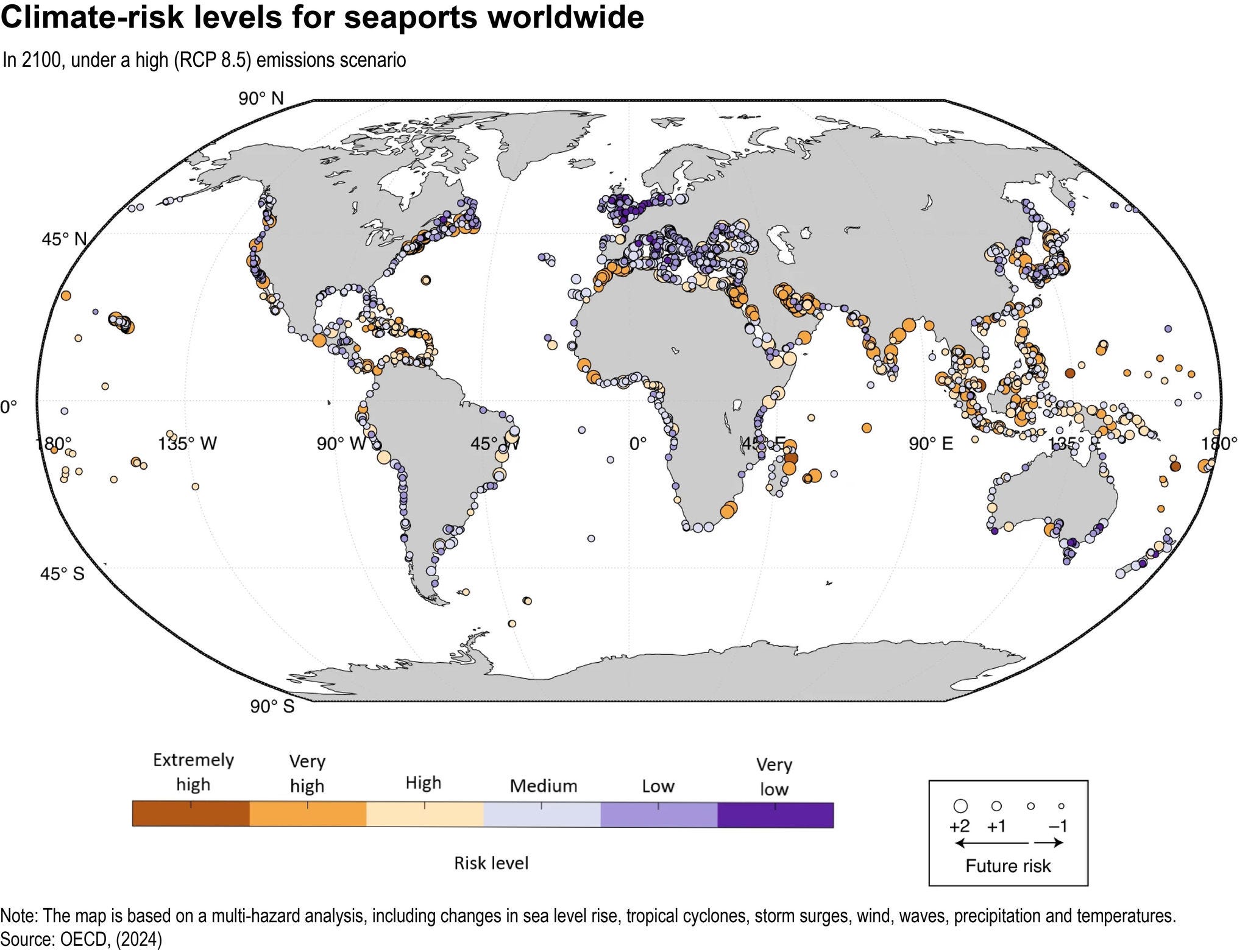 Climate-risk levels for seaports worldwide
