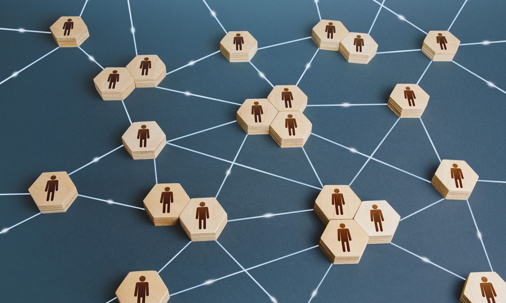 Network of interconnected people. Interactions between employees and working groups. Social business connections. Networking communication. Decentralized hierarchical system of company. Organization; Shutterstock ID 1985087213; NP: Web
