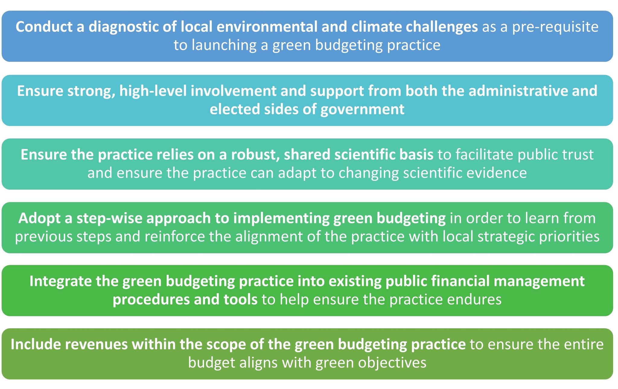 This infographics lists the guidelines for effective subnational green budgeting