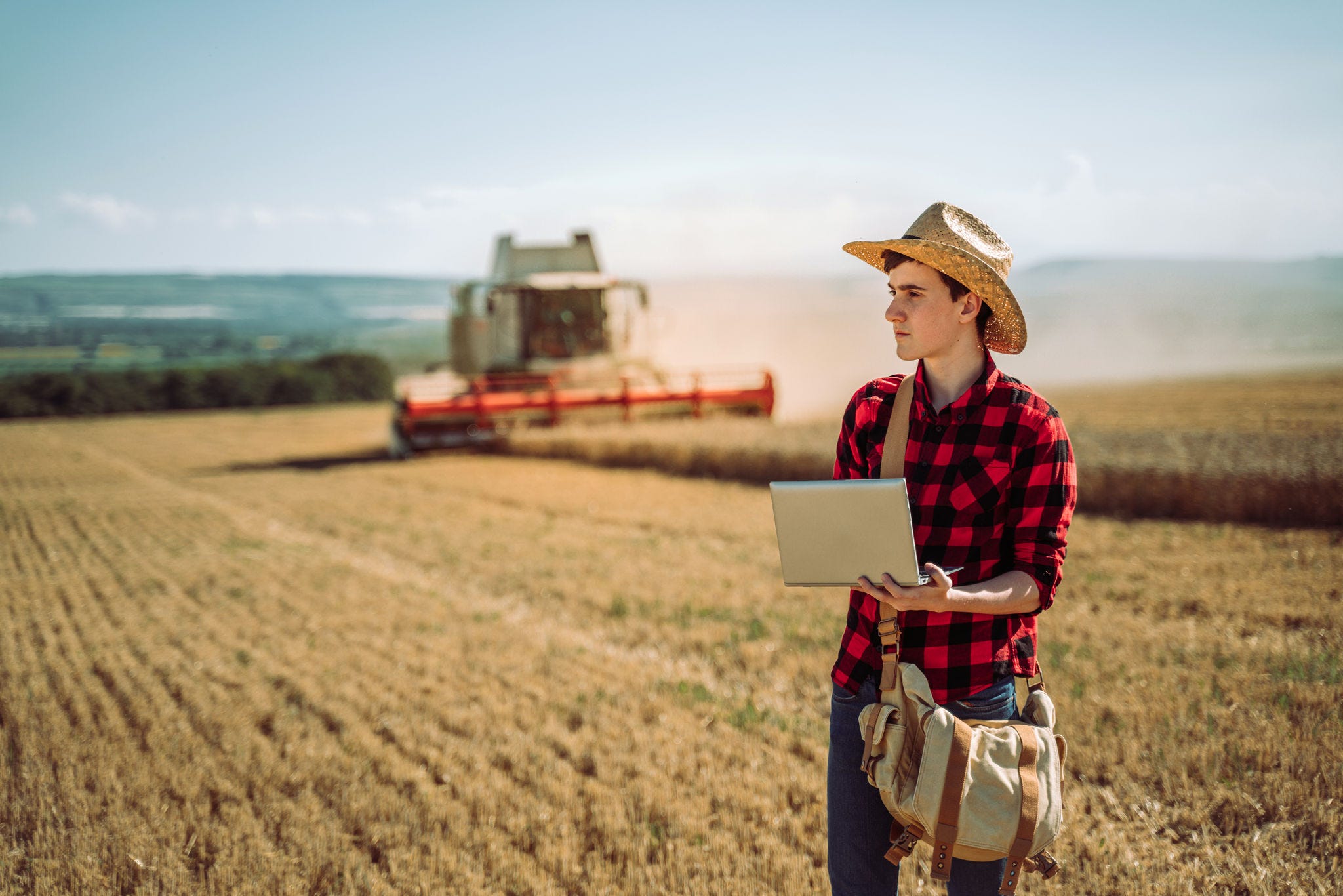 Farmer with laptop looking at wheat field