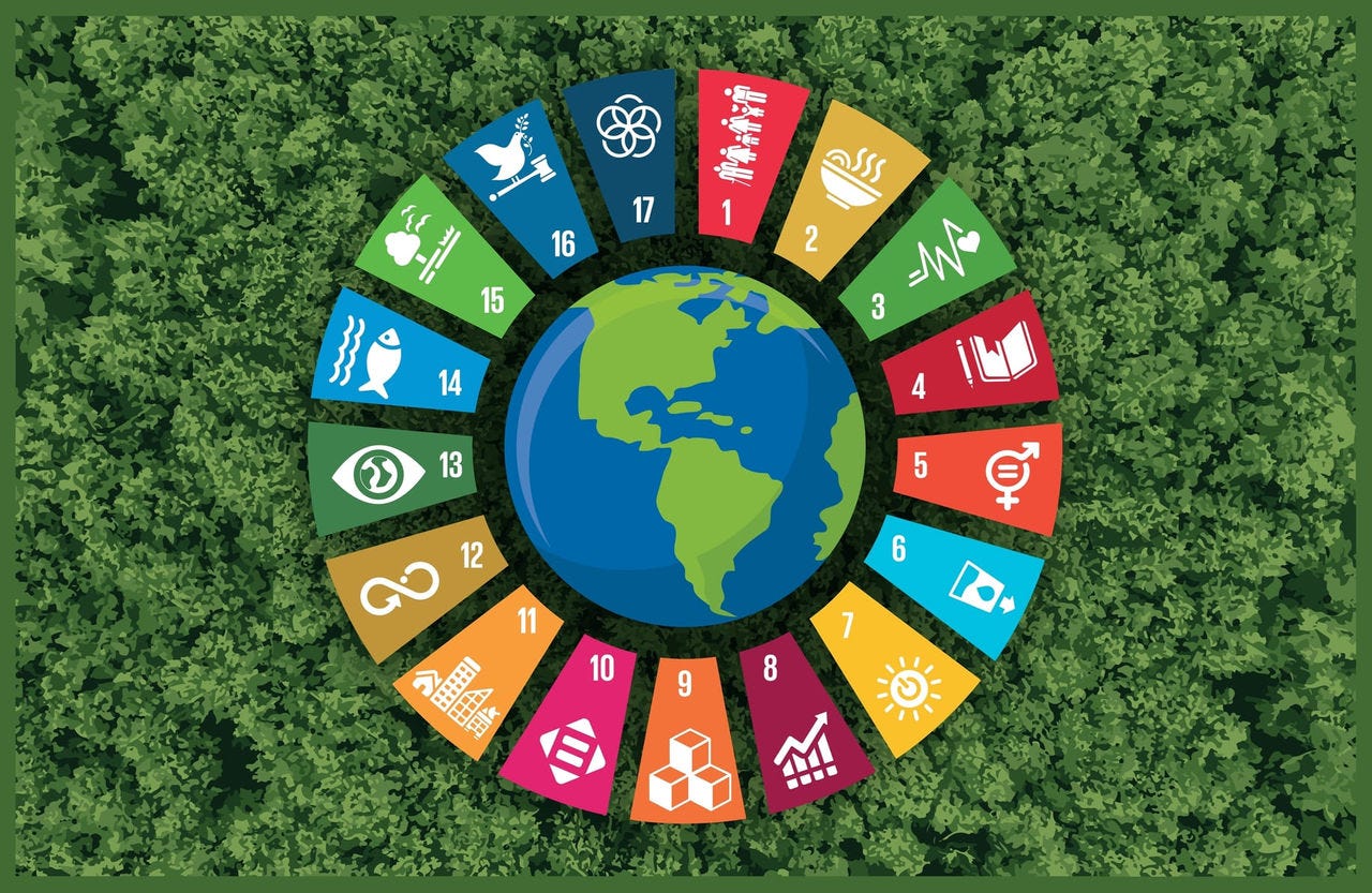 image with the earth surrounded by 17 colored segments associated with a United Nations Sustainable Development Goal. The segments represent themes such as education, clean water and climate change.