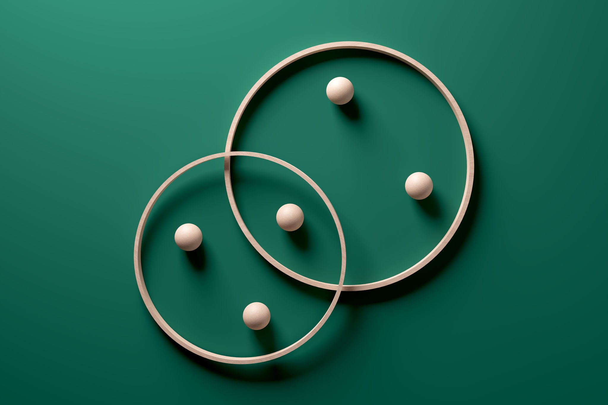 Crossing wooden rings with spheres on green background. Modern abstract art with geometric shapes. 3d rendering.