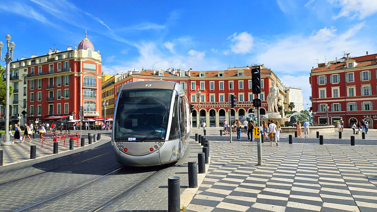 Nice, Cote d'Azur, France - 09.14.2023: Views of Place Massena in the afternoon, people, transport and architecture in cloudy weather, city views of Nice, French Riviera, France; Shutterstock ID 2361975507; NP: ECO