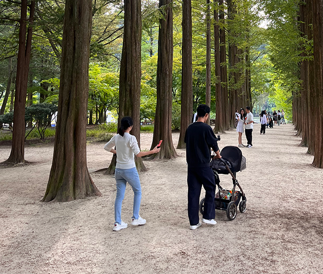 Korean couple walking in the park